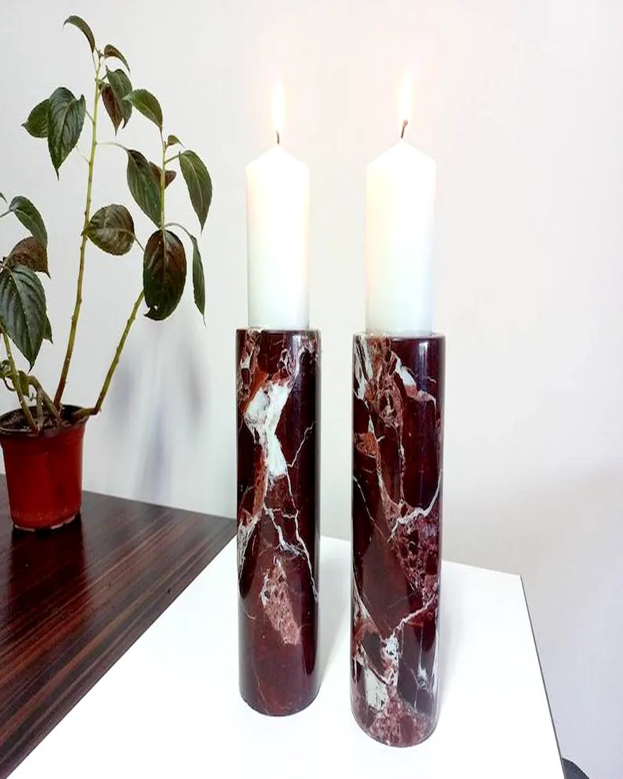Burgundy Cylinder Pillar Holders — handcrafted marble by Authentic Jewels of Marble, Agra