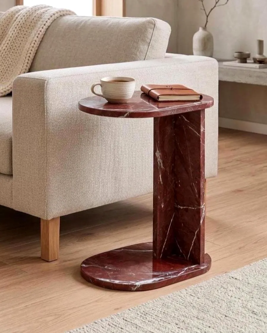 C-Shaped Sofa Side Table in Red Stone — handcrafted marble by Authentic Jewels of Marble, Agra