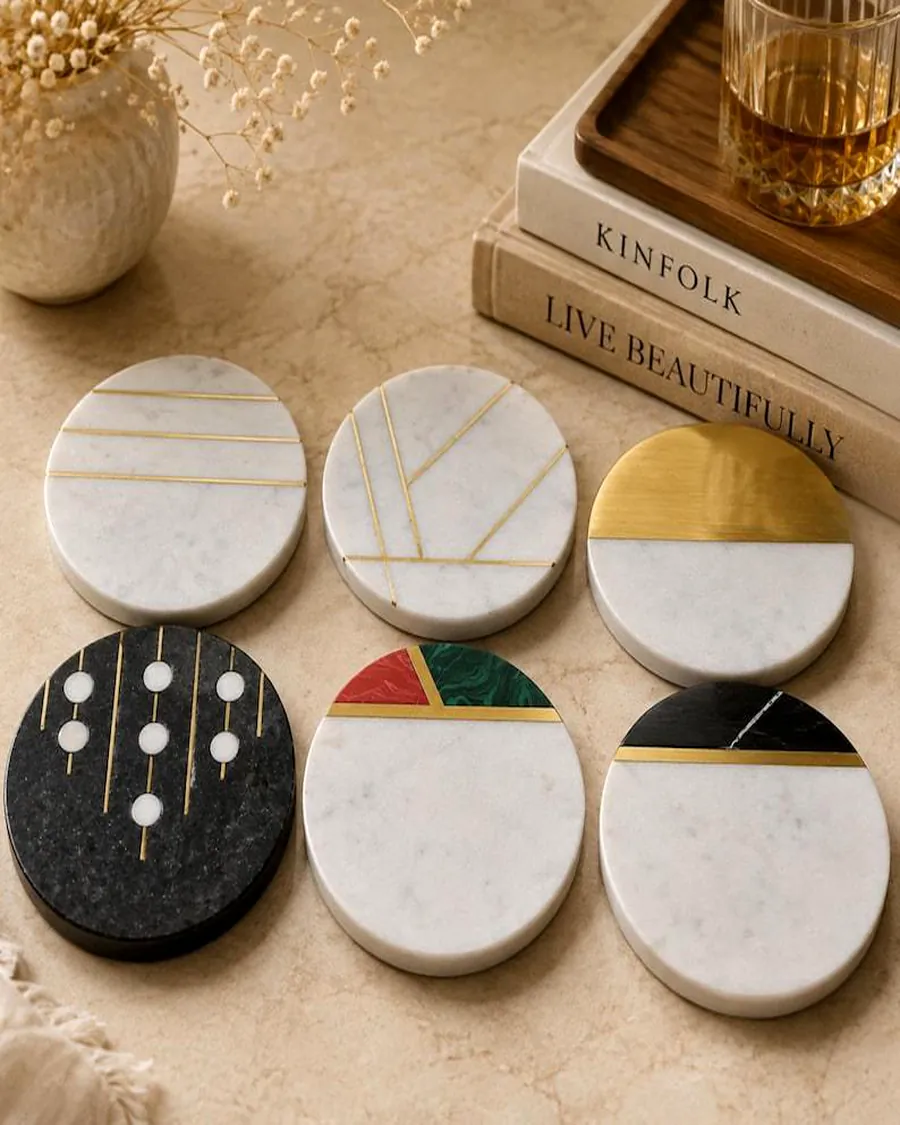 Marble coasters with brass, malachite and black marble inlay