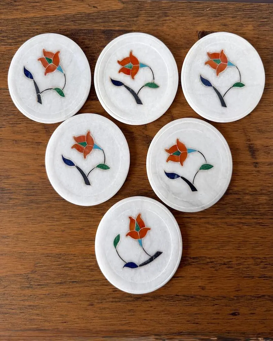 Inlay Coasters with Hand-Painted Floral — handcrafted marble by Authentic Jewels of Marble, Agra