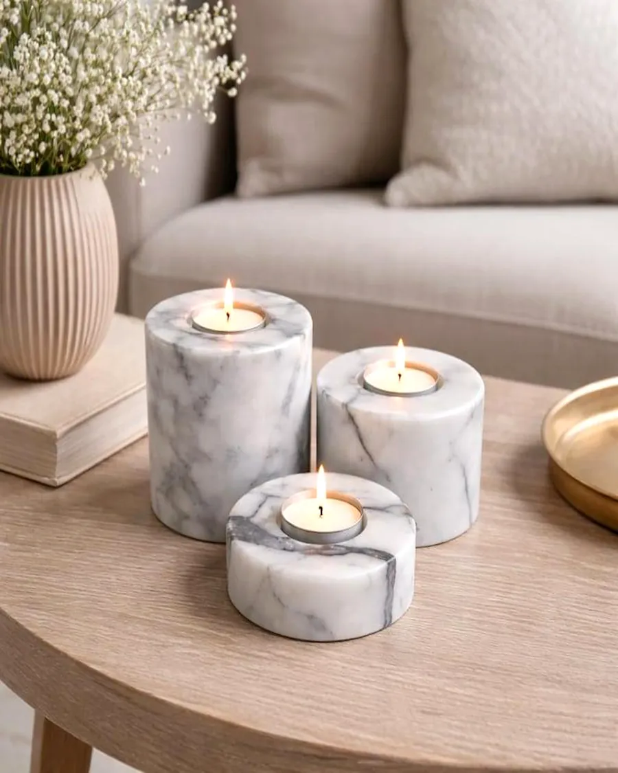 Set of 3 Tealight Candle Holders — handcrafted marble by Authentic Jewels of Marble, Agra