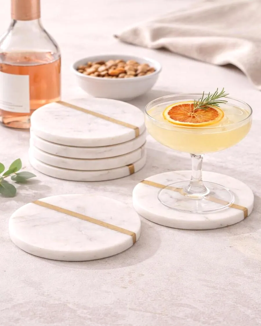 White Marble Coasters with Brass Inlay — handcrafted marble by Authentic Jewels of Marble, Agra